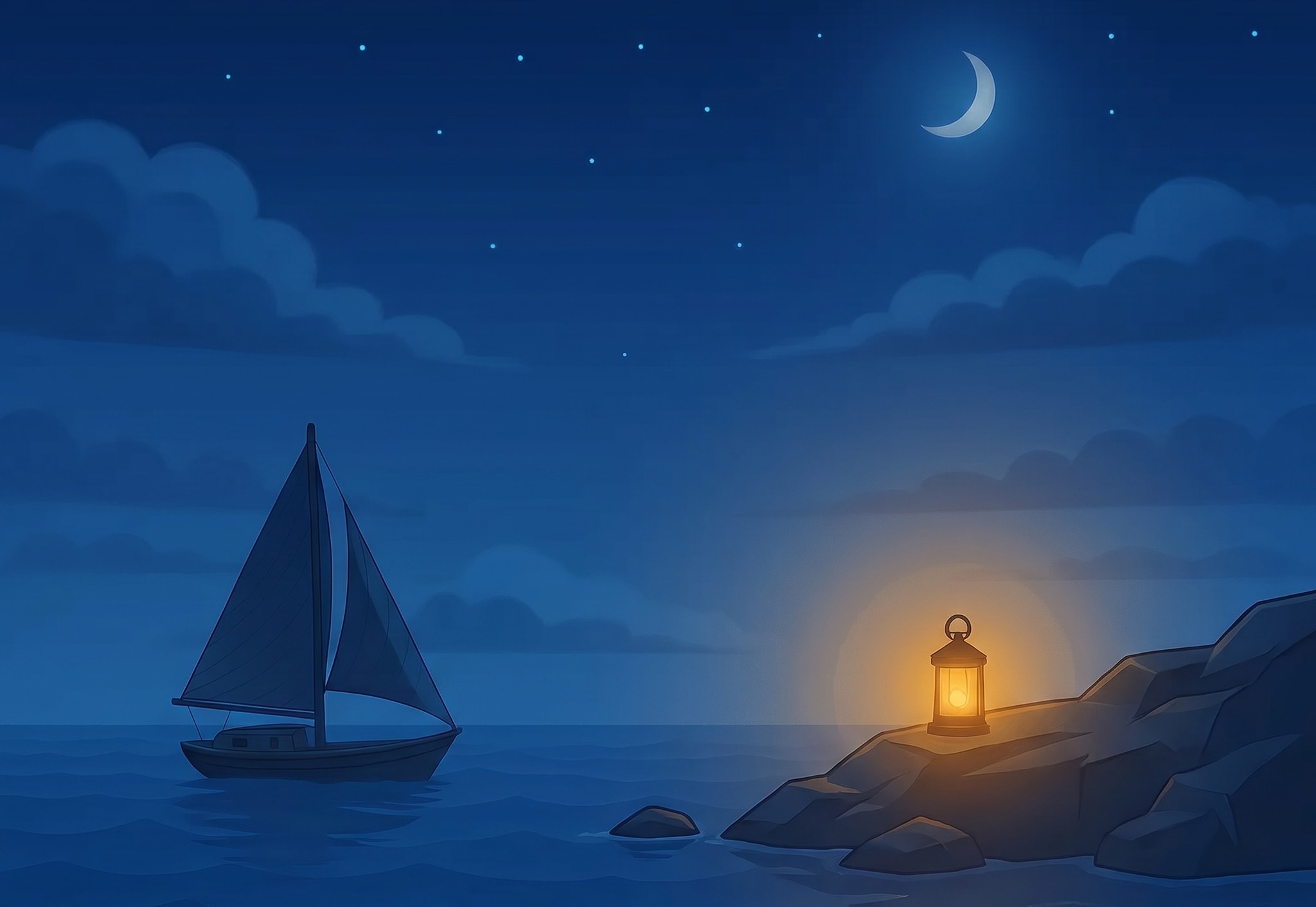 A sailboat at night illuminated by a glowing lantern, charting a clear course across calm seas